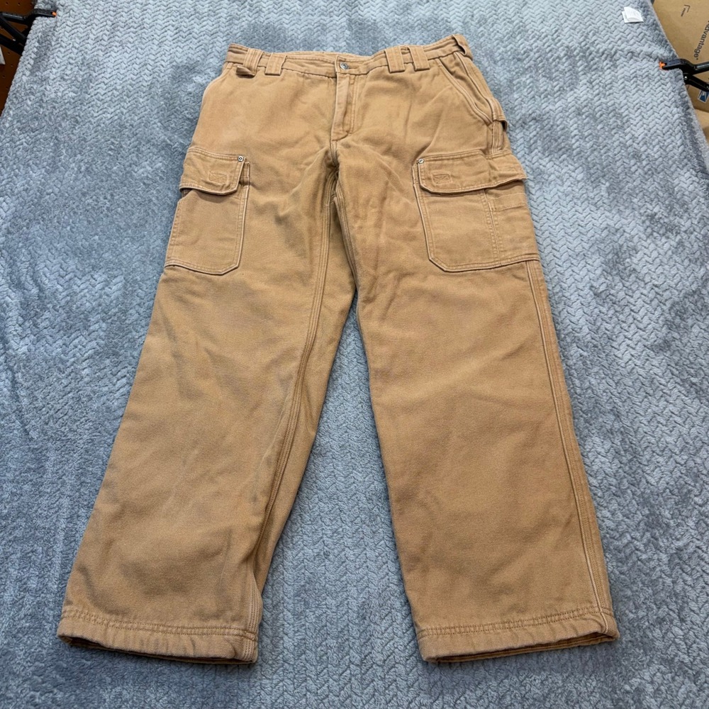 Duluth Trading Co Fire Hose Cargo Pants 35x30 Tan Fleece Lined Workwear Utility